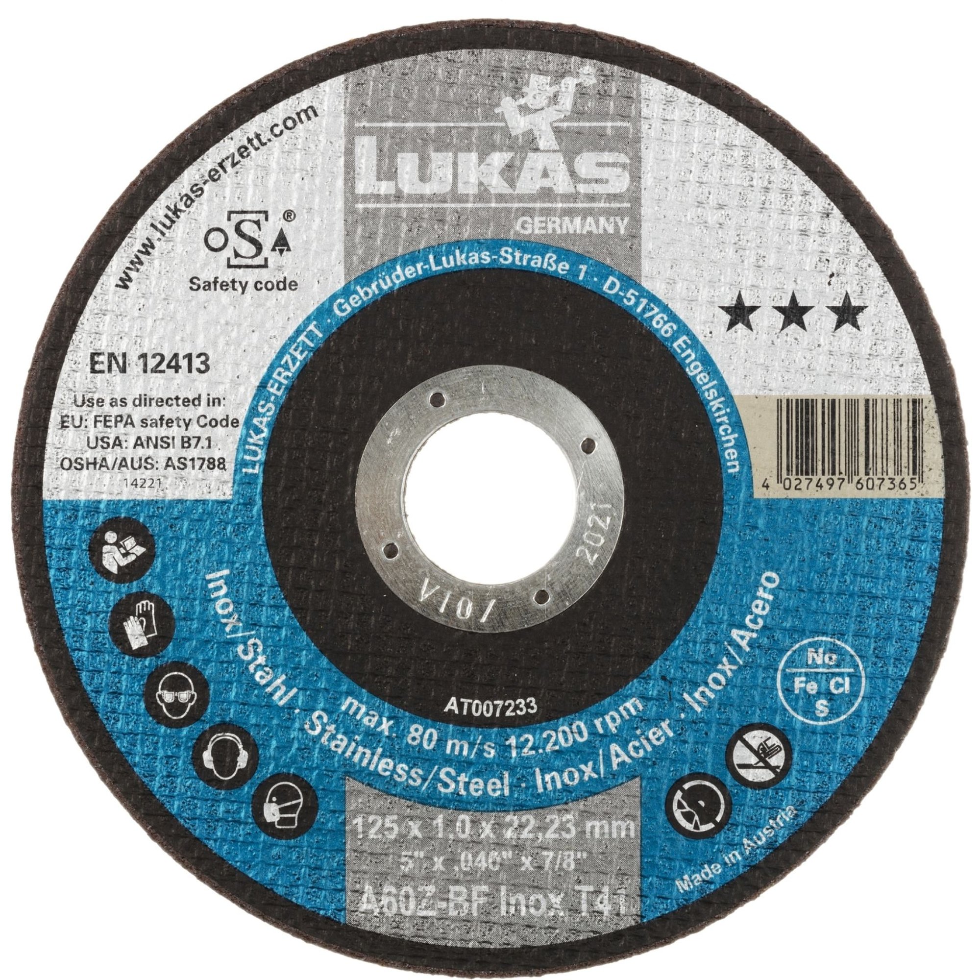 Disque de découpe LUKAS T41 pour acier inoxydable 125x1 mm droit A60Z-BF