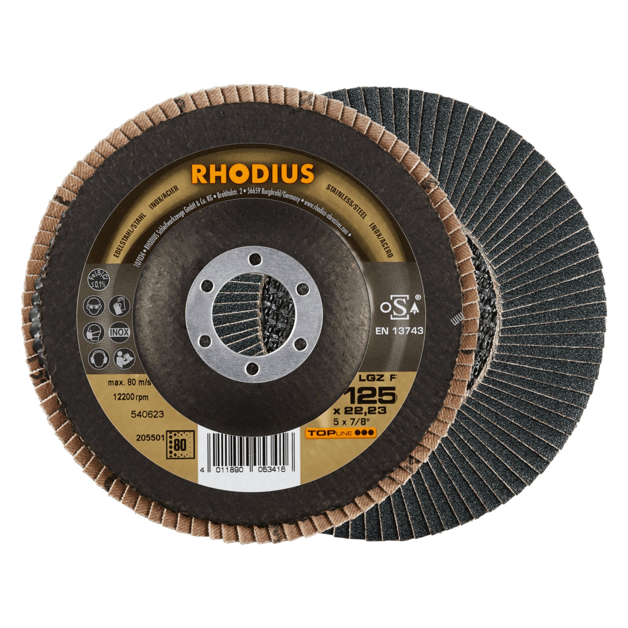 RHODIUS disque à poncer en éventail LGZ F Ø 125 mm grain 80
