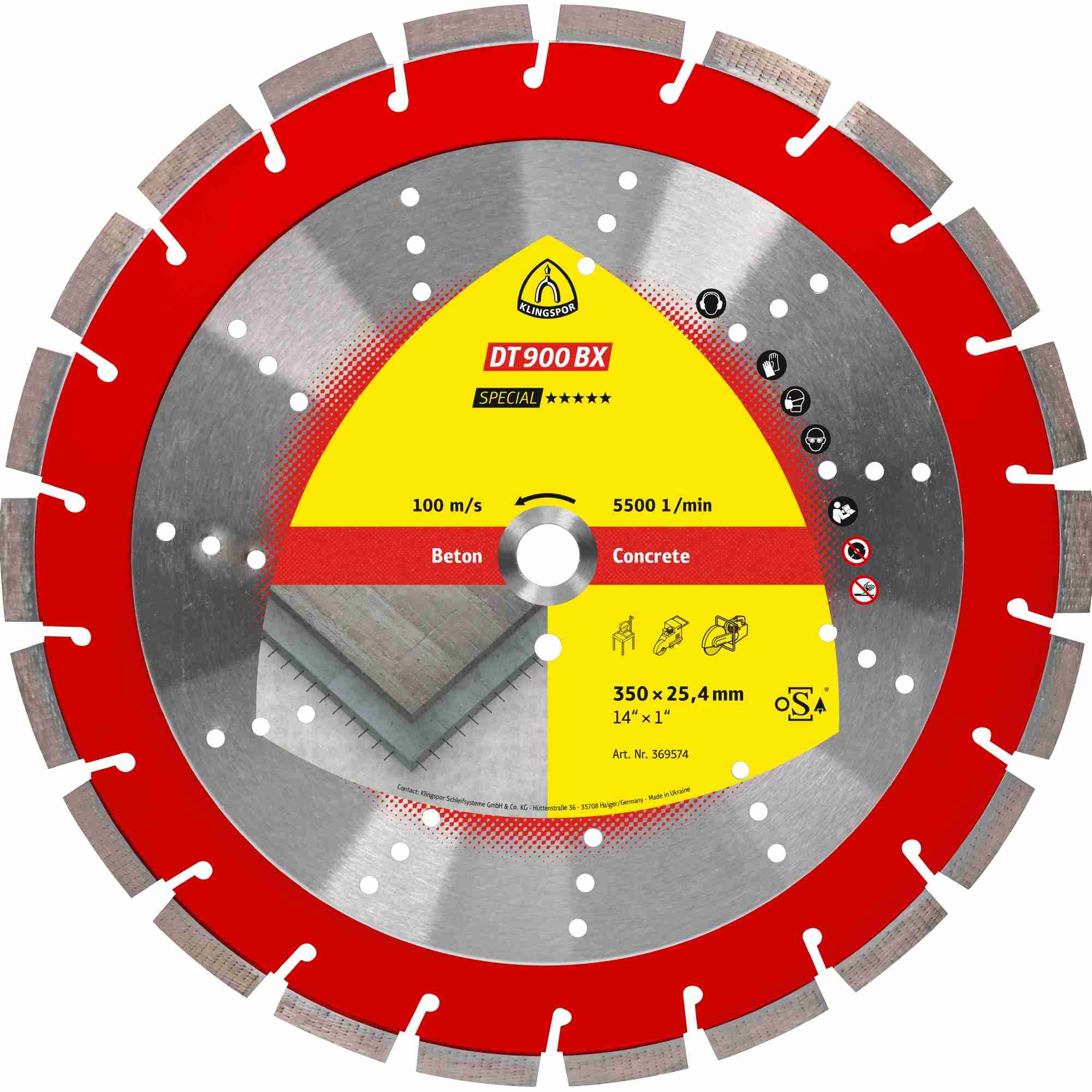 Klingspor DT 900 BX Disques à tronçonner diamantés 350 x 3 x 25,4 mm 22 segments 40 x 3 x 12 mm Denture standard