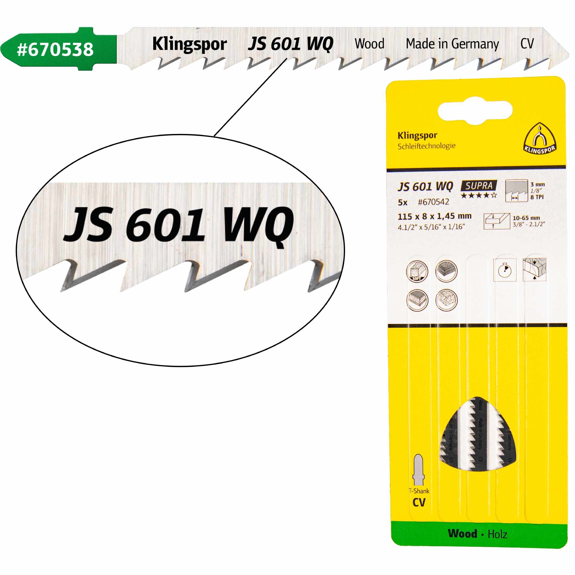 Klingspor JS 601 WQ Lames de scie sauteuse 115 x 8 x 1,45 mm Longueur utile 90Crom-Vanadium rectifié en croix, conique, 8 dents par pouce