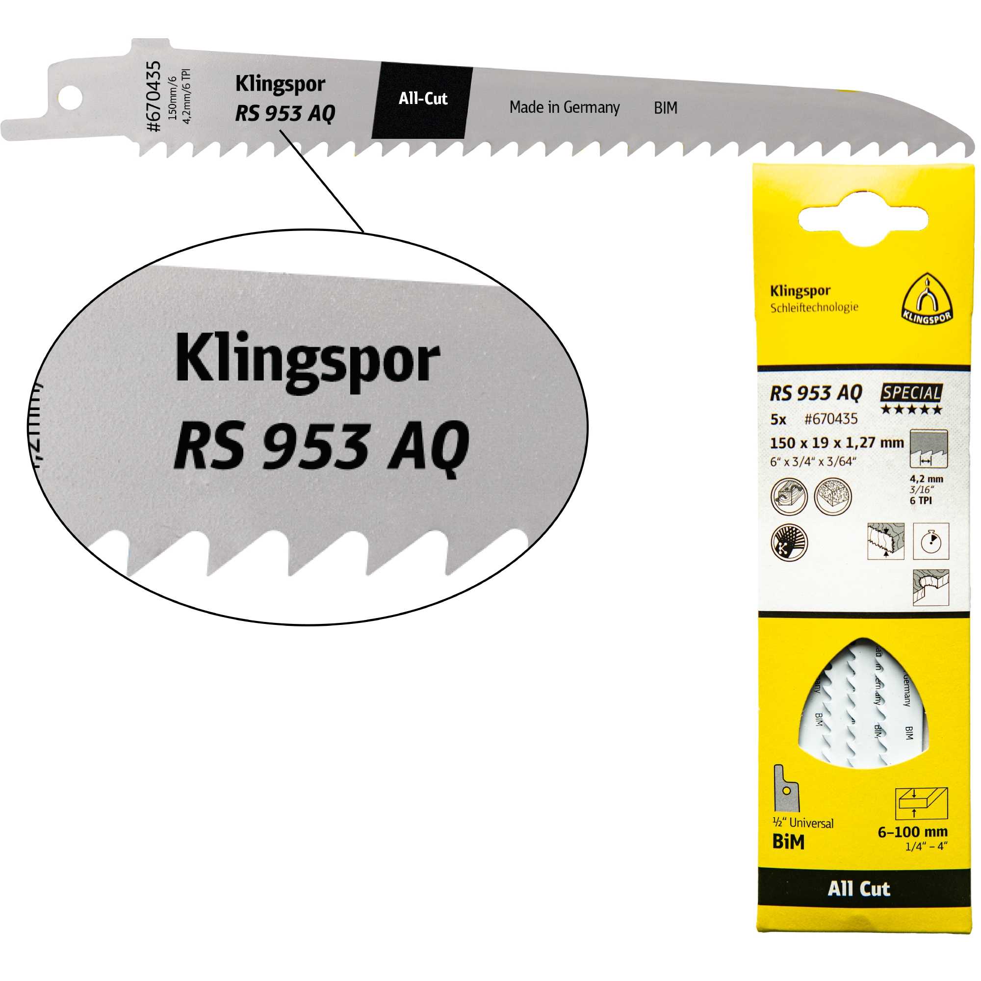 Klingspor RS 953 AQ Lames de scie sabre 230 x 19 x 1,27 mm longueur utile 210Bi-métal fraisées, avoyées, 6 dents par pouce