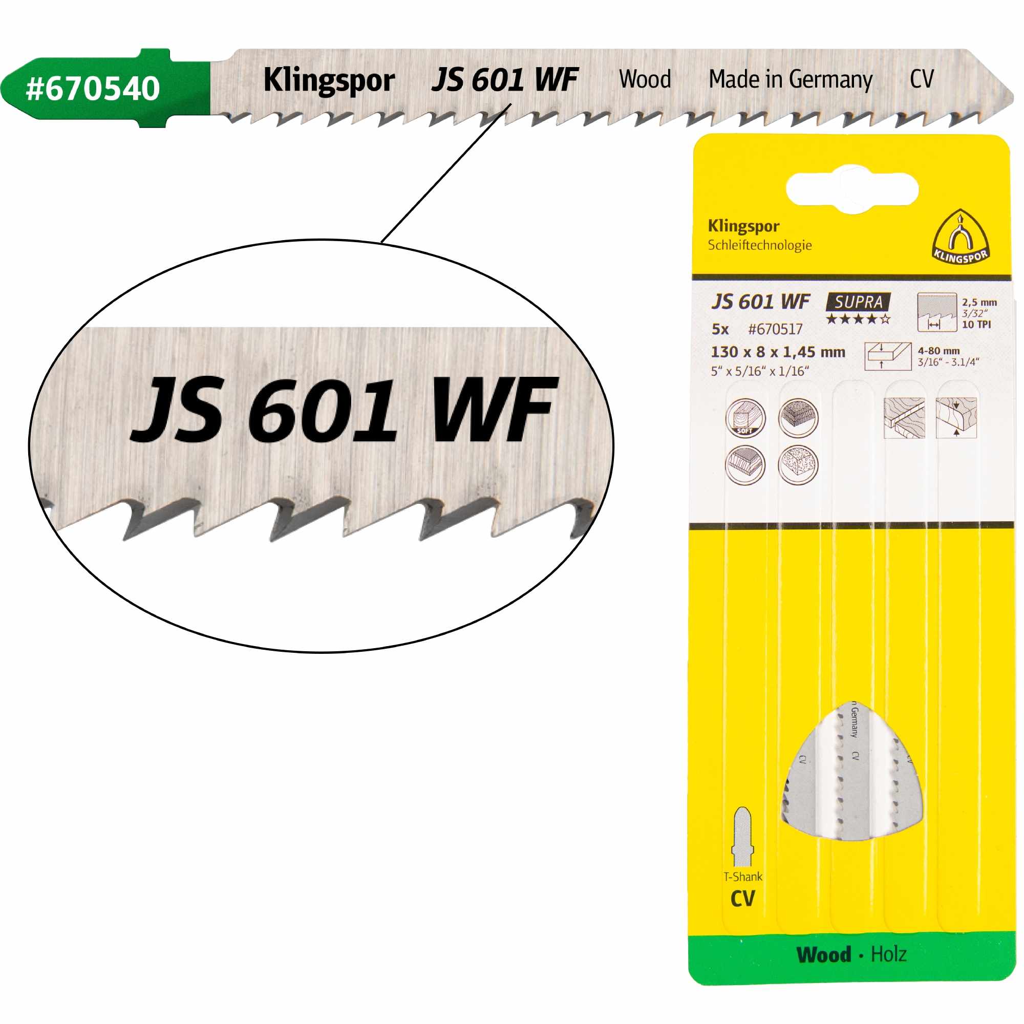 Klingspor JS 601 WF Lames de scie sauteuse 130 x 8 x 1,45 mm Longueur utile 110Crom-Vanadium rectifié en croix, conique, 10 dents par pouce