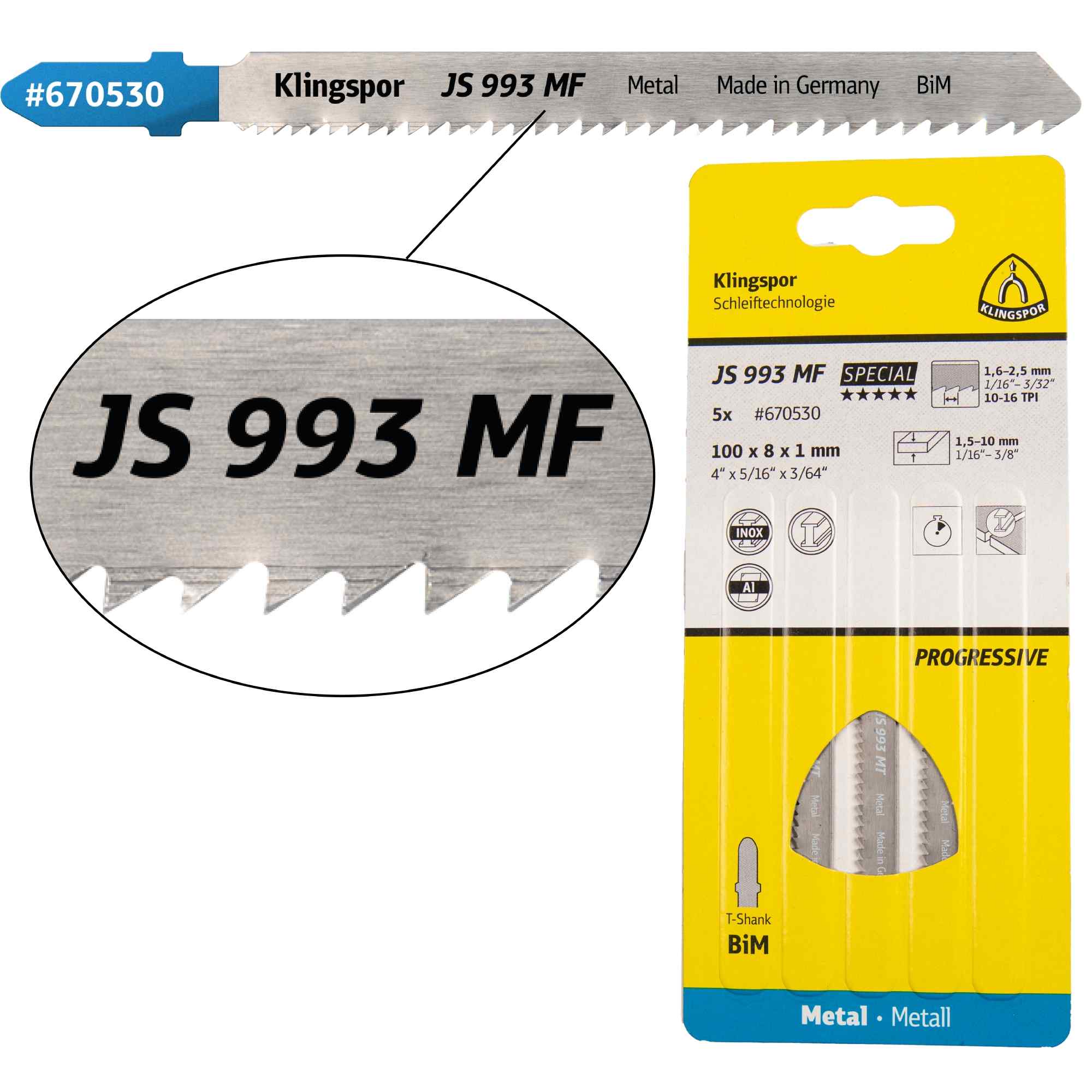 Klingspor JS 993 MF Lames de scie sauteuse 100 x 8 x 1 mm longueur utile 75Bi-métal fraisées, ondulées, 10-16 dents par pouce