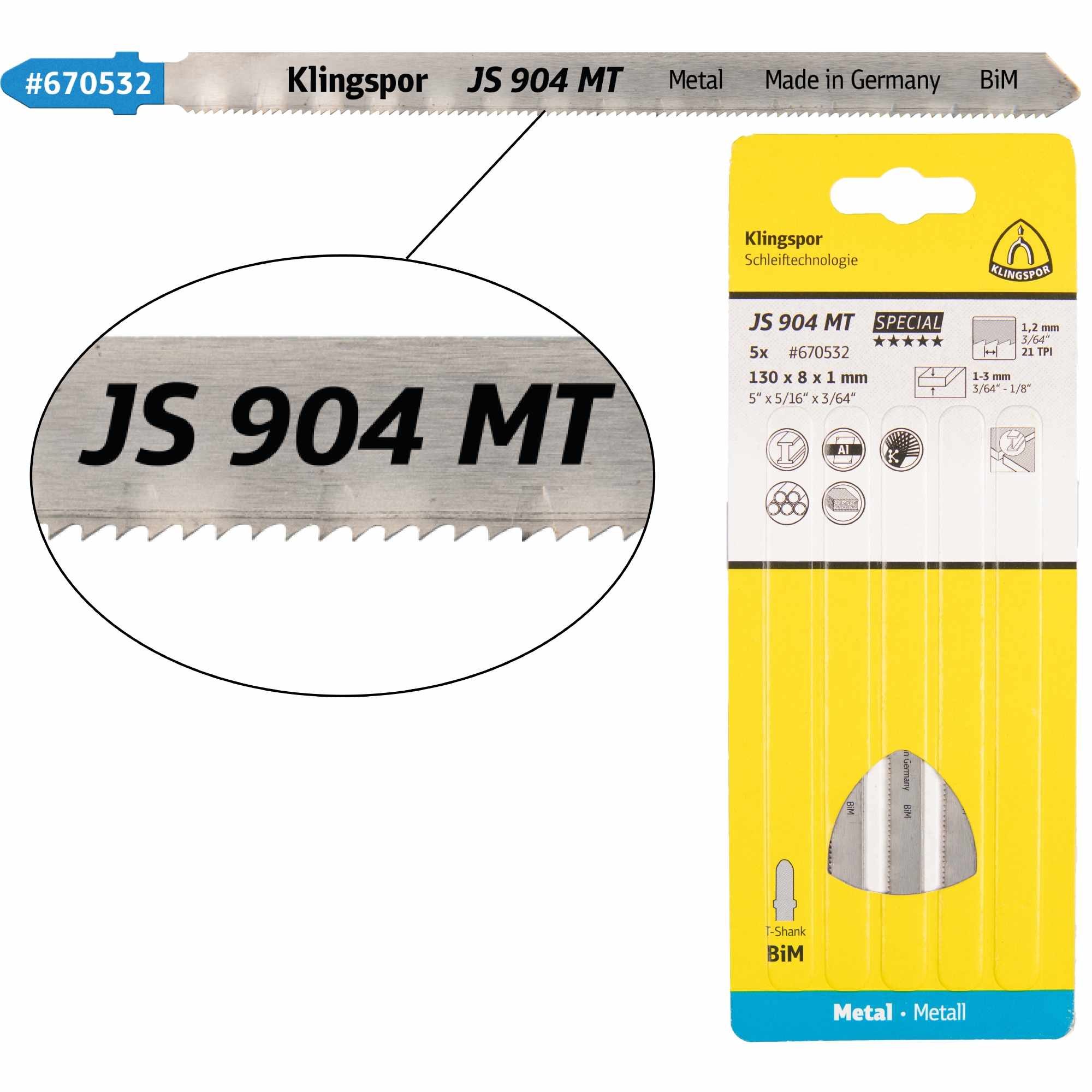 Klingspor JS 904 MT Lames de scie sauteuse 130 x 8 x 1 mm longueur utile 110Bi-métal fraisé, ondulées, 21 dents par pouce