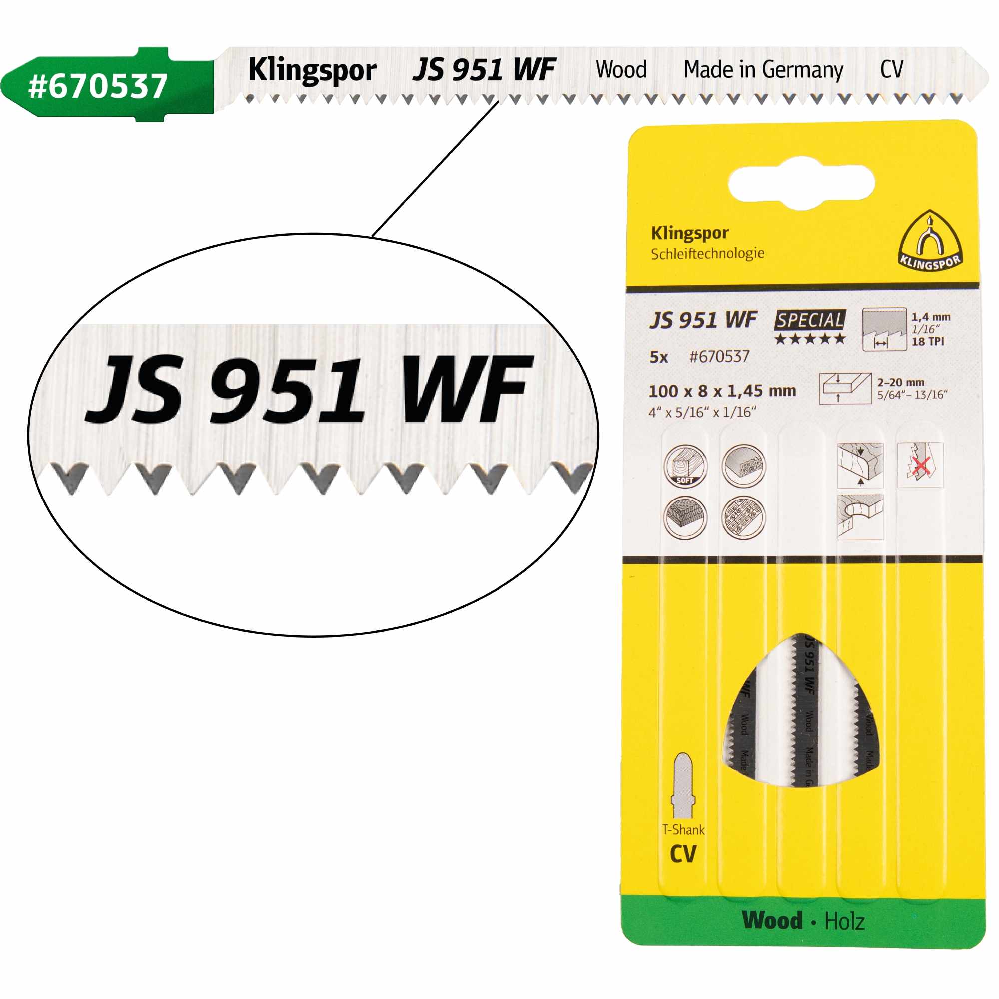 Klingspor JS 951 WF Lames de scie sauteuse 100 x 8 x 1,45 mm Longueur utile 75Crom-Vanadium rectifié en croix, conique, 18 dents par pouce