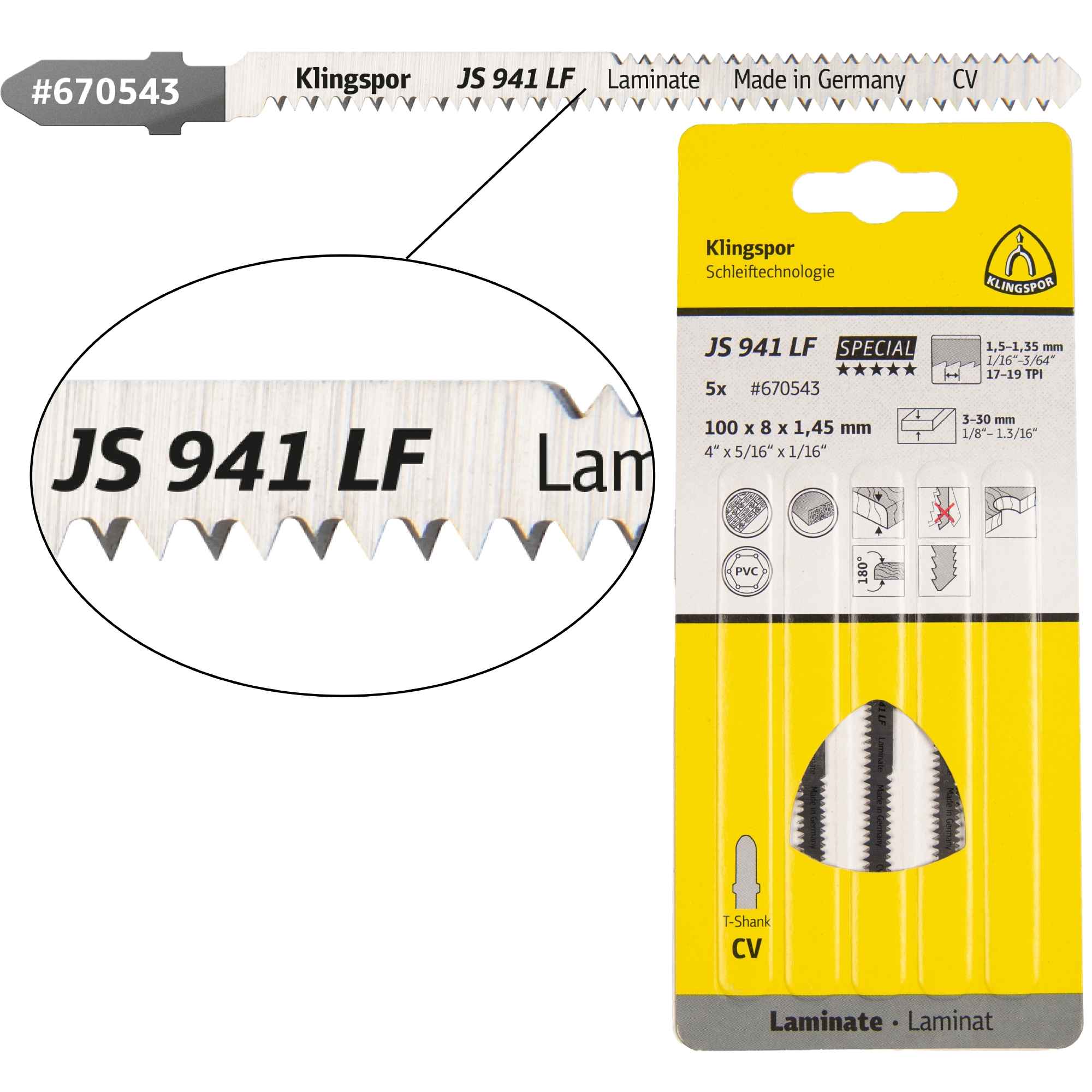 Klingspor JS 941 LF Lames de scie sauteuse 100 x 5 x 1,45 mm Longueur utile 75Crom-Vanadium rectifié en croix, conique, 17-19 dents par pouce