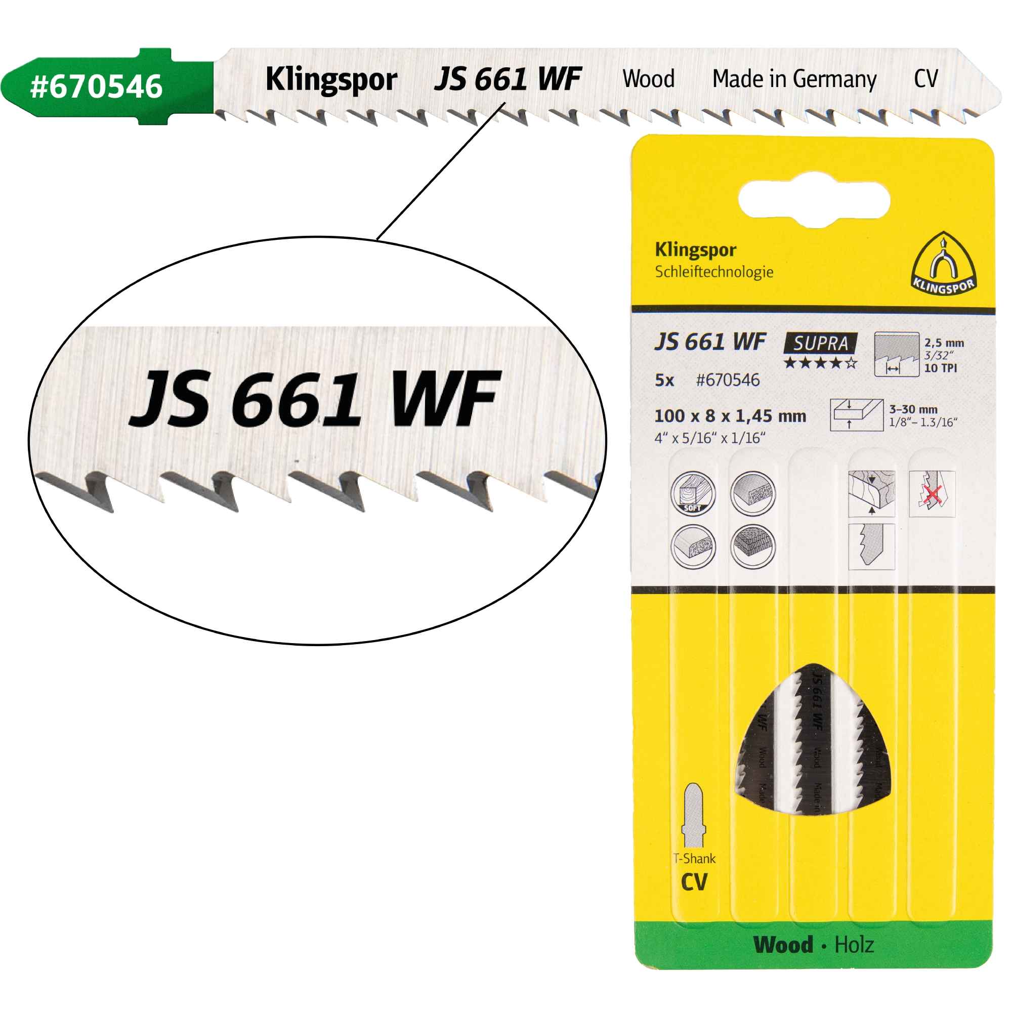 Klingspor JS 661 WF Lames de scie sauteuse 100 x 8 x 1,45 mm Longueur utile 75Crom-Vanadium rectifié en croix, conique, 10 dents par pouce