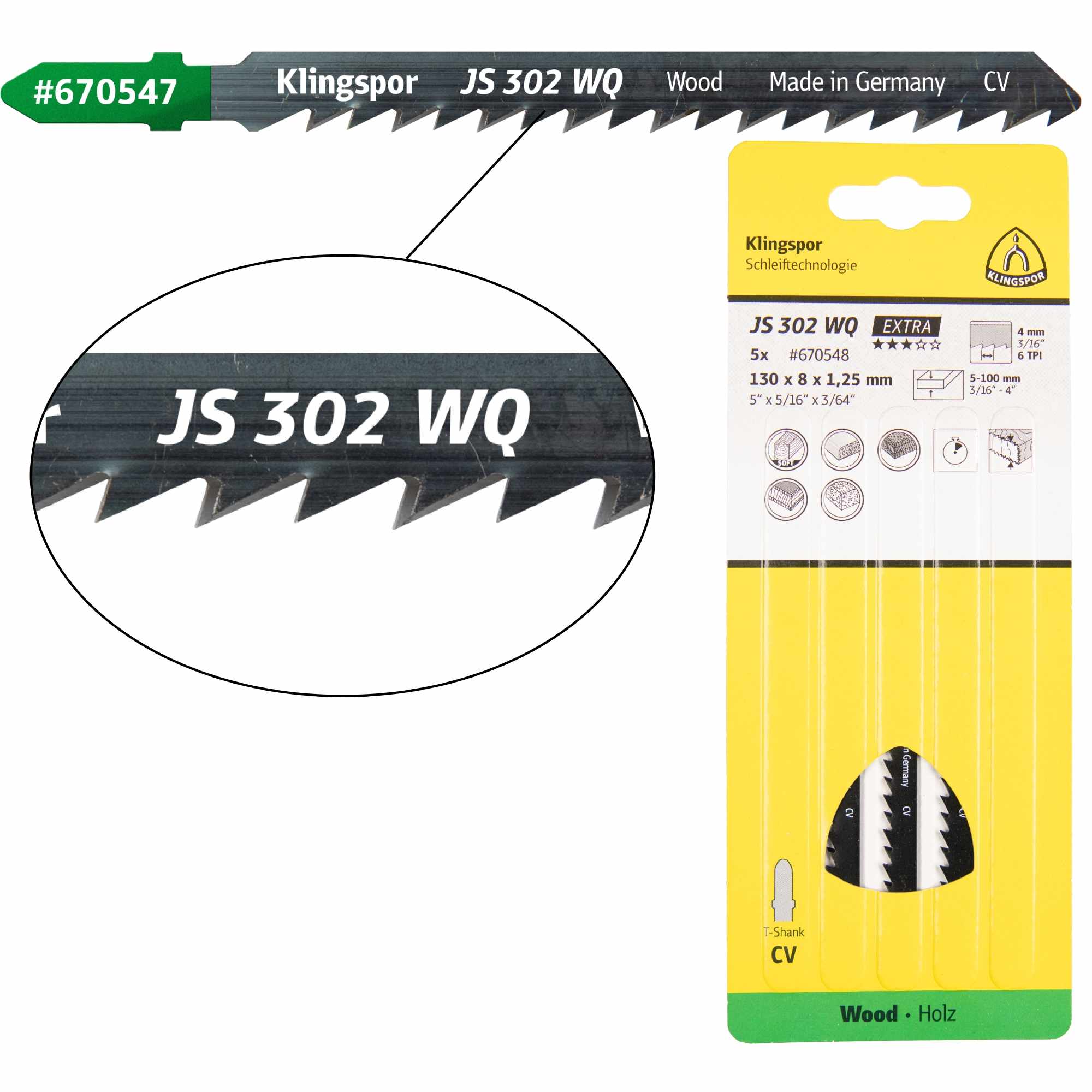Klingspor JS 302 WQ Lames de scie sauteuse 100 x 8 x 1,25 mm Longueur utile 75Crom-Vanadium rectifié en croix, avoyé, 6 dents par pouce