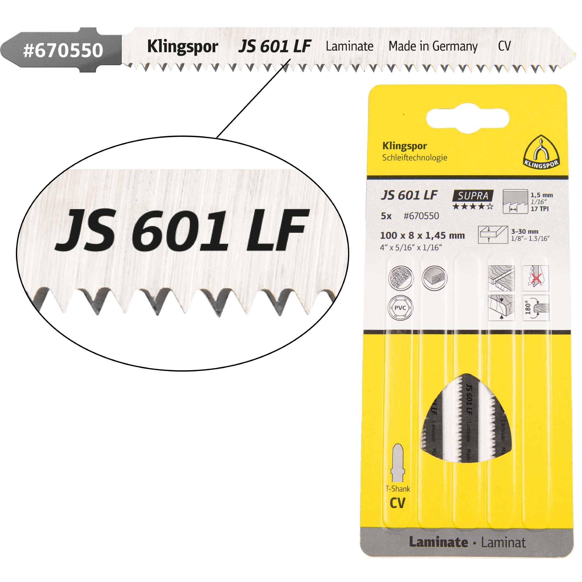Klingspor JS 601 LF Lames de scie sauteuse 100 x 8 x 1,45 mm Longueur utile 75Crom-Vanadium rectifié en croix, conique, 17 dents par pouce