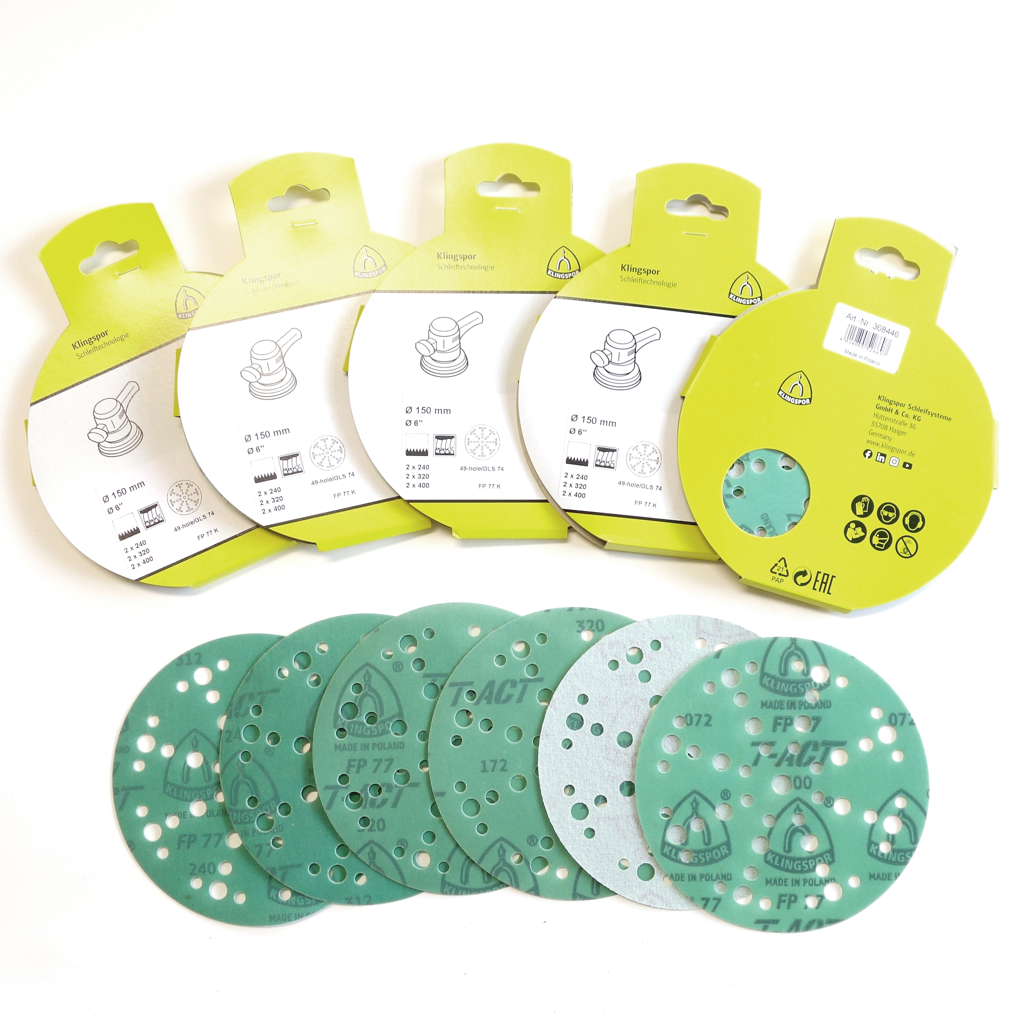 Klingspor FP 77 K set de disques abrasifs imperméables pour peintures et vernis 150 mm, 49 trous | 30 pièces de 10x grain 240, 320, 400 | par exemple compatible avec Festool Rotex RO 150 avec Multi-Jetstream MJ2