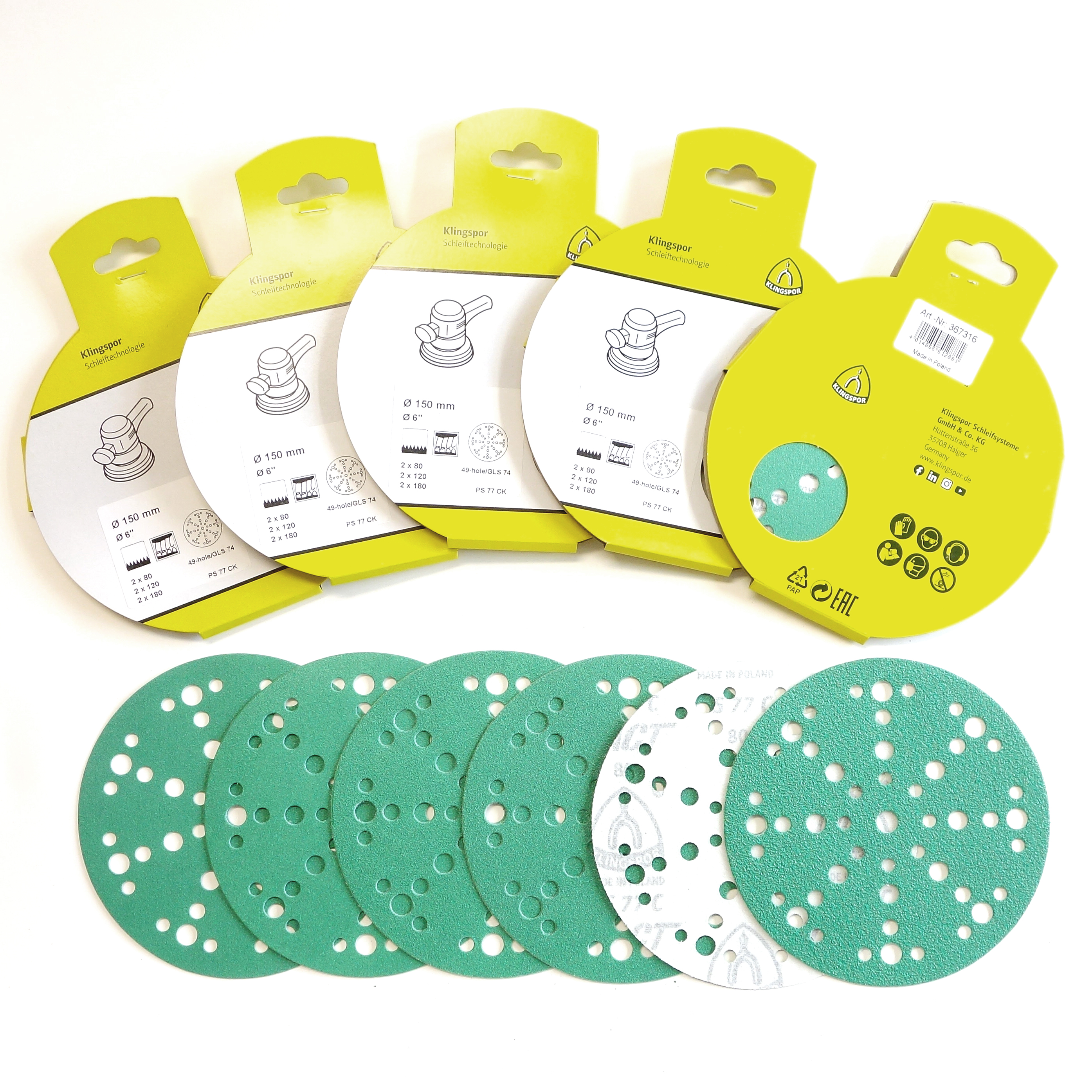 Klingspor PS 77 CK set de disques abrasifs haute performance pour peintures et vernis 150 mm, 49 trous | 30 pièces de 10x grain 80, 120, 180 | par exemple compatible avec Festool Rotex RO 150 avec Multi-Jetstream MJ2
