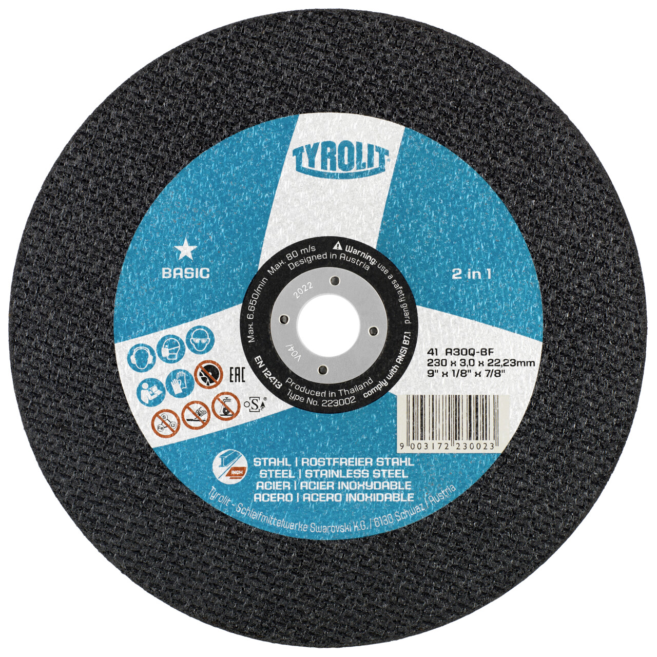 Disque à tronçonner Droit Tyrolit 230x3x22,23 mm A30 BASIC acier/Inox