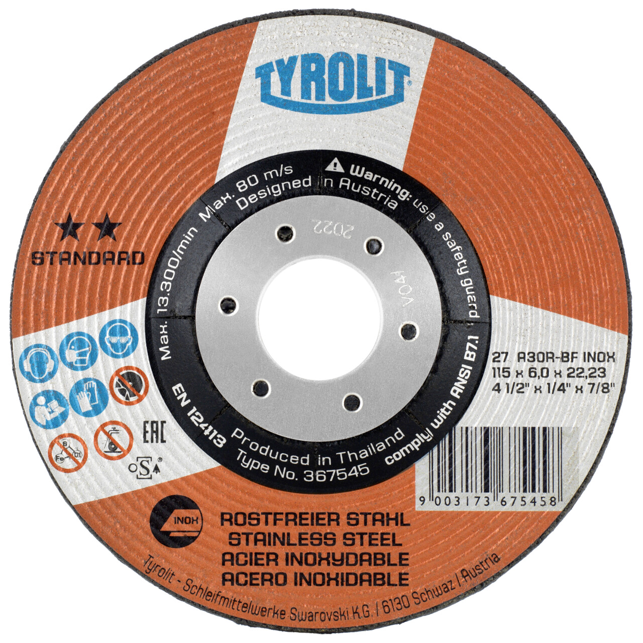 Tyrolit disque à ébavurer 115x6x22,23 mm A30R STANDARD Inox