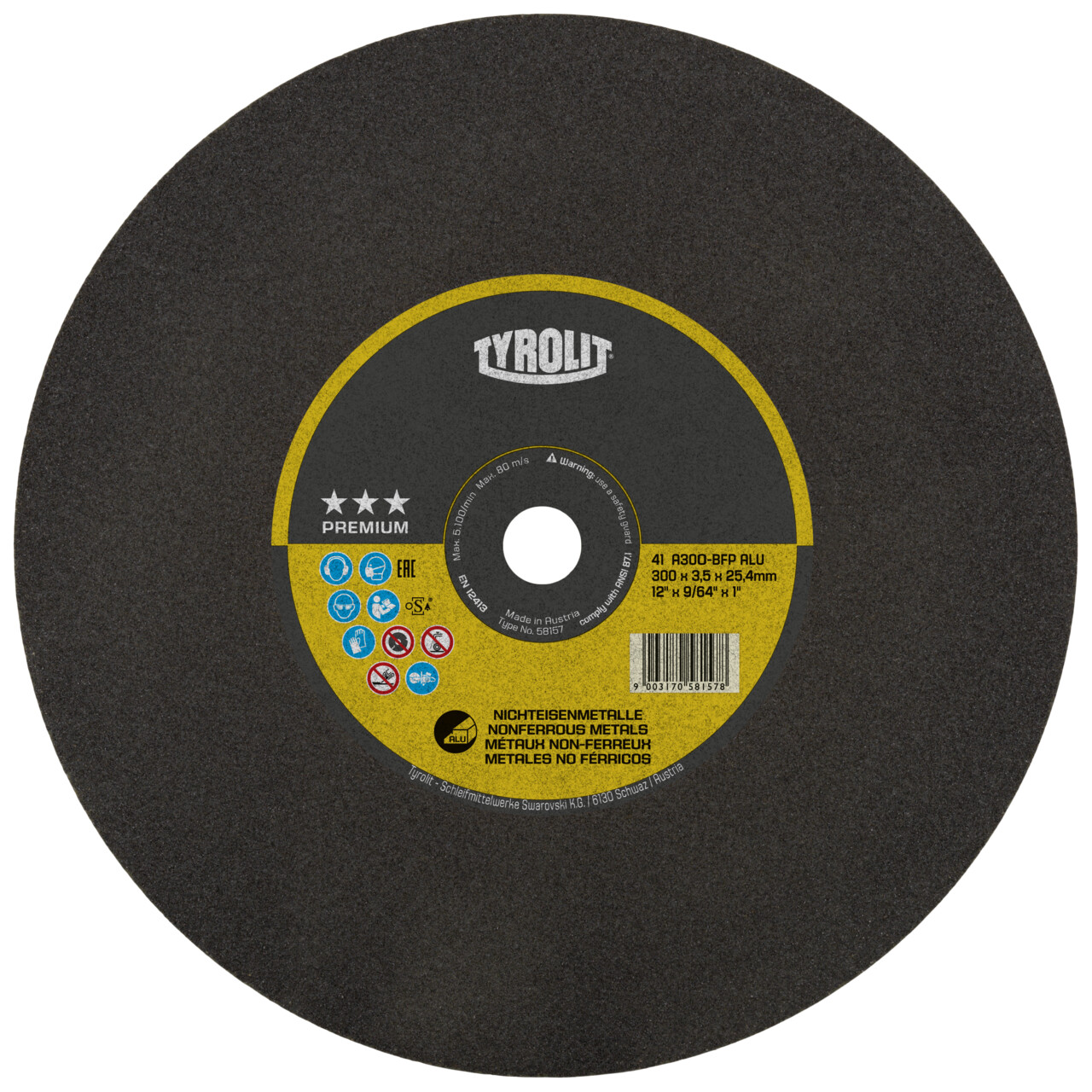 Disque à tronçonner Tyrolit droit 350x2,5x25,4 mm A46 N4 BF PREMIUM Inox