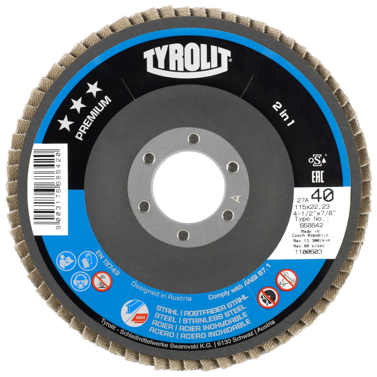 Tyrolit disque à lamelles déporté 115x22,2 mm ZA80 PREMIUM acier/Inox