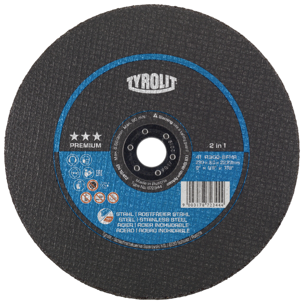disque de tronçonnage Tyrolit droit 230x3x22,23 mm A30 PREMIUM acier/inox