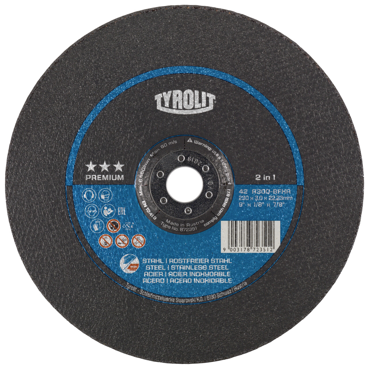 Disque à tronçonner Tyrolit à biseau 230x3x22,23 mm A30 PREMIUM Acier/Inox