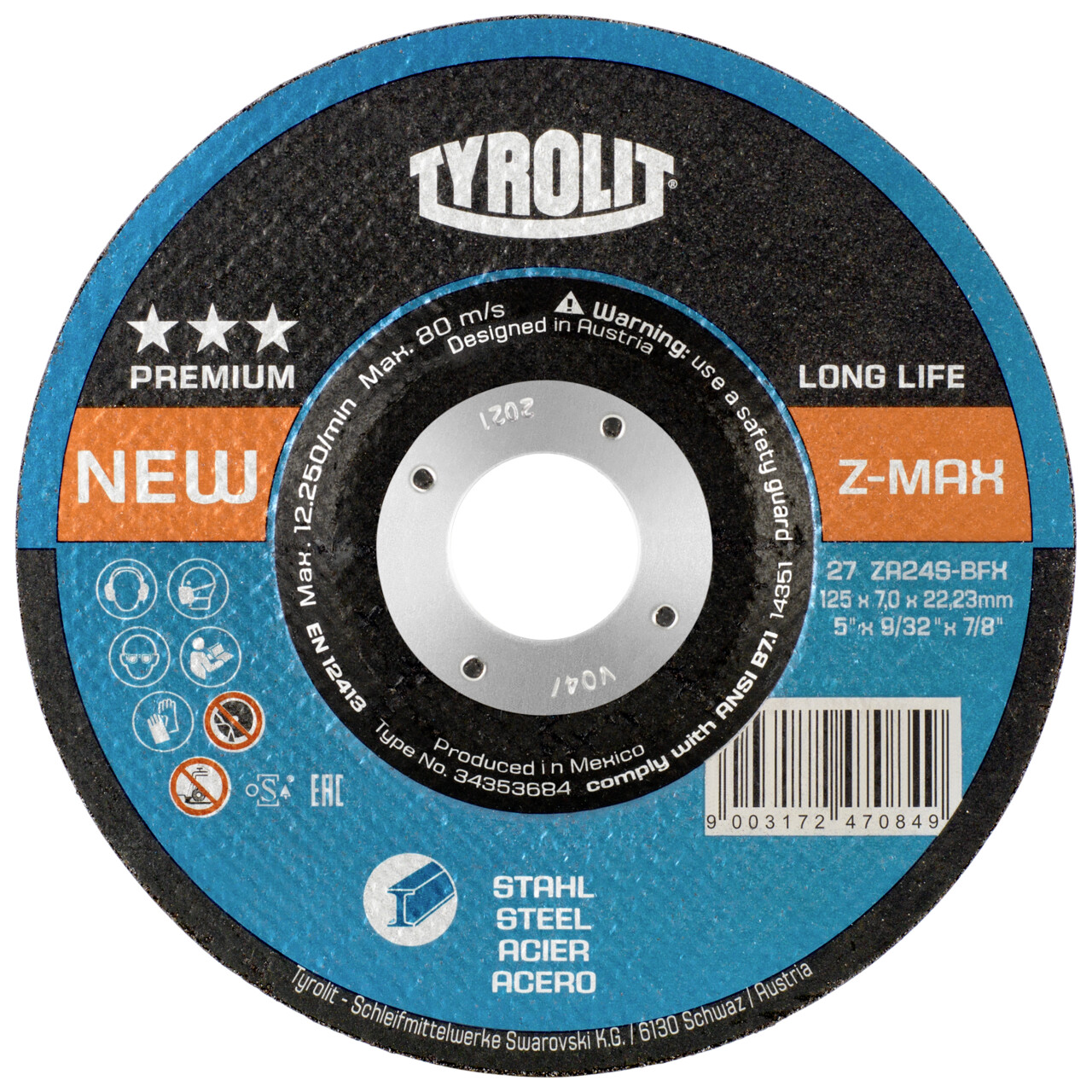 Tyrolit disque à ébavurer Z-MAX 125x7x22,23 mm ZA24S PREMIUM acier