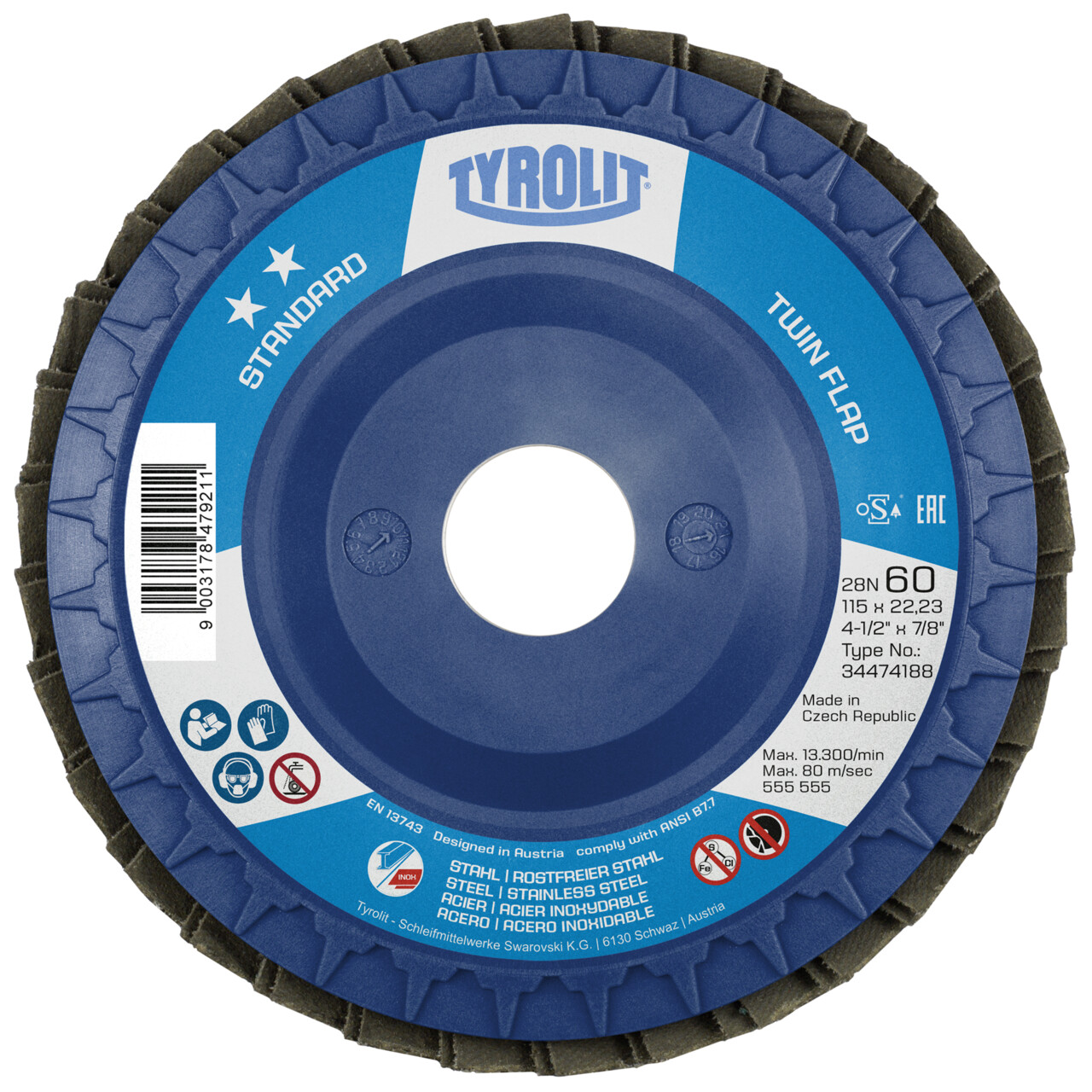 Tyrolit disque à lamelles TWIN FLAP droit 115x22,23 mm ZA40 STANDARD Acier/Inox