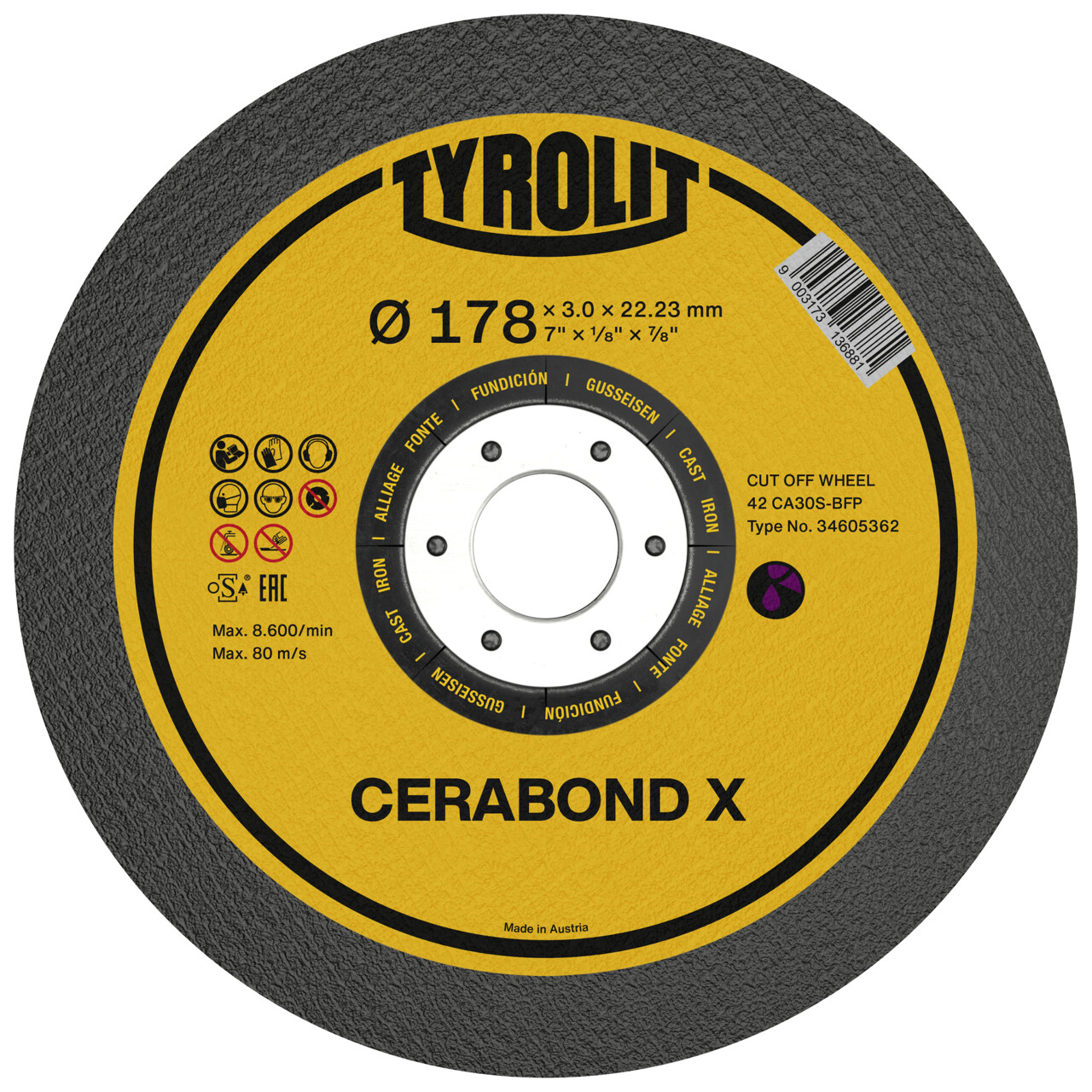 Tyrolit disque de tronçonnage CERABOND X déporté 178x3x22,23 mm CA30 Fonte