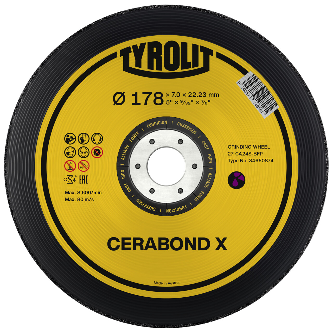 Disque à ébavurer Tyrolit CERABOND X 178x7x22,23 mm CA24Q Fonte